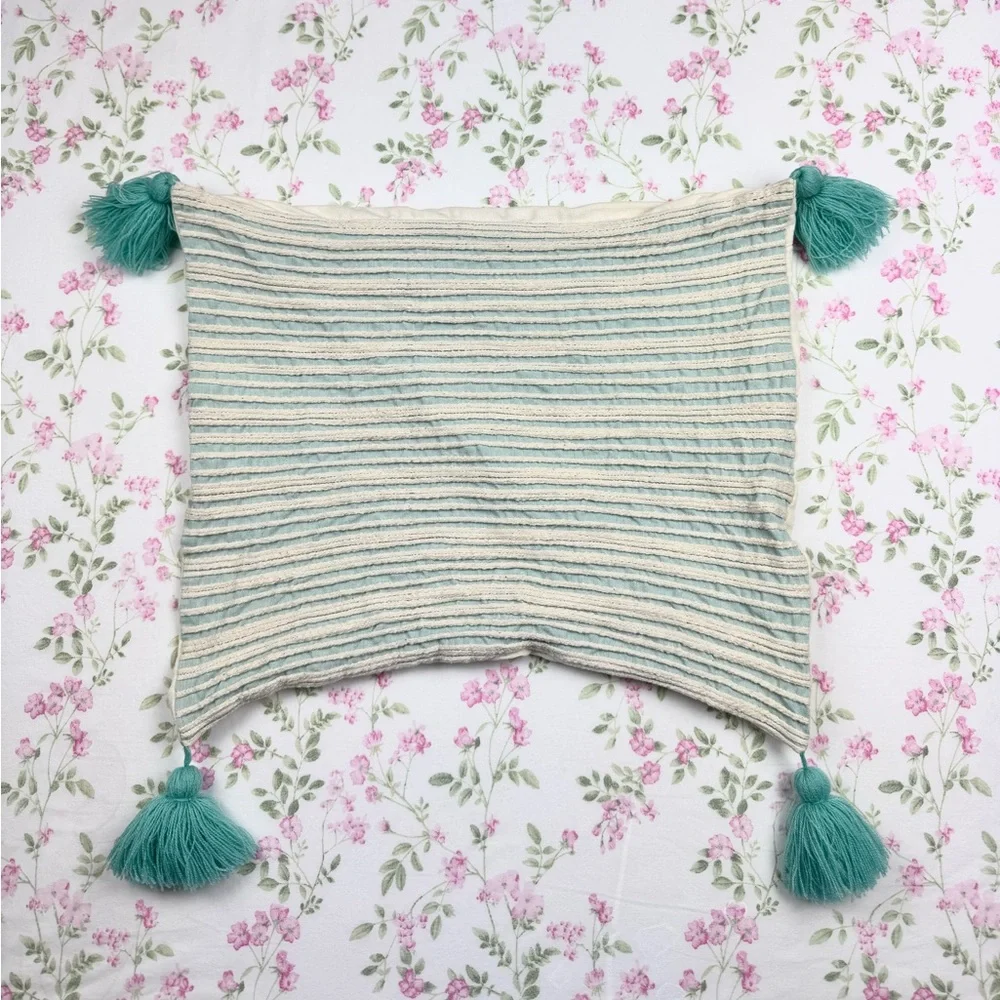 Pier 1 Mint & Ivory Woven Striped Decorative Throw Pillow‎ Case with Tassels